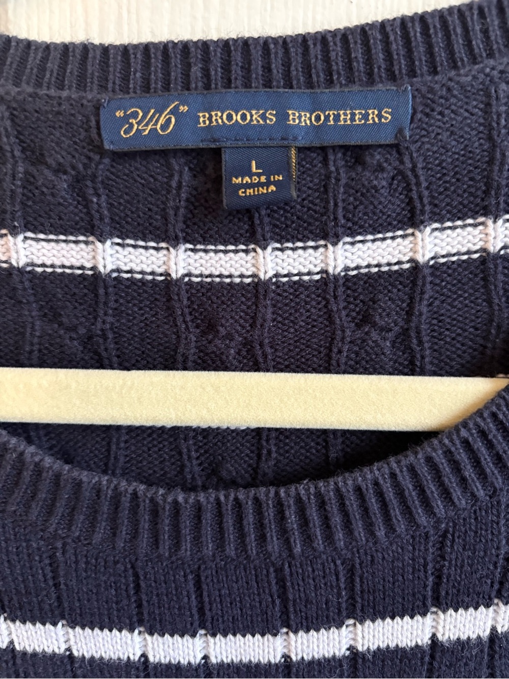 Brooks Brothers Navy and White Striped Cotton Cable Crewneck Sweater, Size Large - Picture 2 of 4